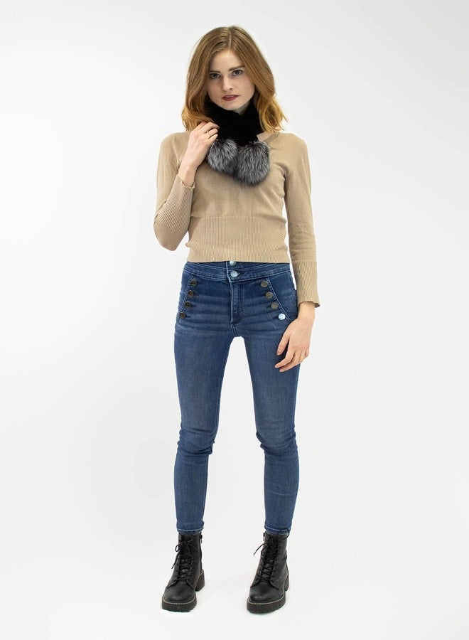 surell - 30" Short Rex Rabbit Fur Ball Scarf with Fox Fur Poms - Womens Accessory Scarf - Fashionable Warm Furry Winter Collar Gift - Soft Luxurious Comfortable Cold Weather Wrap (Black, Blue Frost) - Image 2